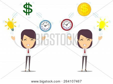 Young Girl Before Movement Objects In Business. Stock Flat Vector Illustration.