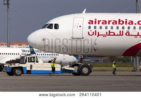 Borispol, Ukraine - September 03, 2018: The Pushback Of A6-aoh Air Arabia Airbus A320-200 Aircraft. 