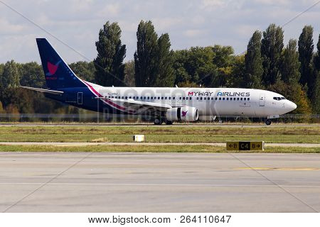 Borispol, Ukraine - October 05, 2018: 4l-mwa Myway Airlines Boeing 737-800 Aircraft Landing On The R