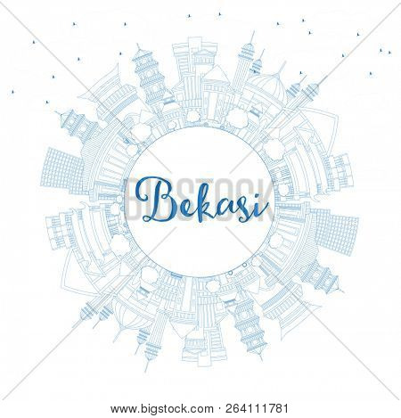 Outline Bekasi Indonesia City Skyline with Blue Buildings and Copy Space. Business Travel and Tourism Concept with Historic Architecture. Bekasi Cityscape with Landmarks.
