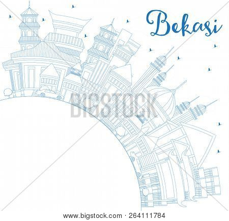Outline Bekasi Indonesia City Skyline with Blue Buildings and Copy Space. Business Travel and Tourism Concept with Historic Architecture. Bekasi Cityscape with Landmarks.