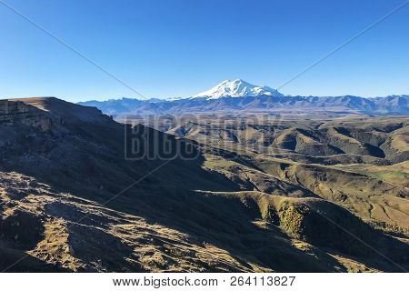 Travel To North Caucasus Region Region - View Of Mount Elbrus And Bermamyt Plateau At Morning