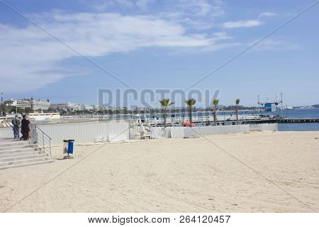 Cannes, France - April 24 2017: Beach Of Cannes And Its Coast, South Of France