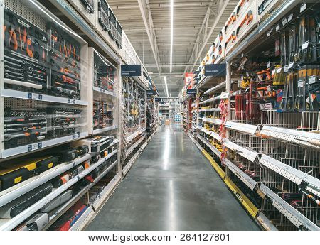 Store For Home Improvement And Diy. Warehouse Aisle Of Building Materials In Industiral Store. Shall