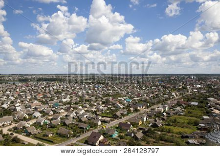 Single-storey Houses In A Small City, Closeup Of City Life, Photo Above