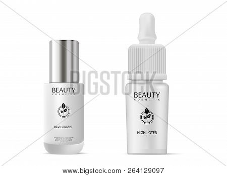 Base Corrector And Nail Polish Cosmetic Bottle Highligter Dropper Set. Vector Illusrtation For Comme