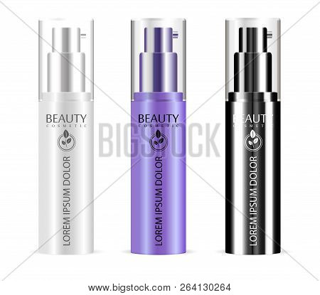 Dispenser Bottles Mockup Set With Lids In Different Color. Face Care Spray Packaging Product. Realis