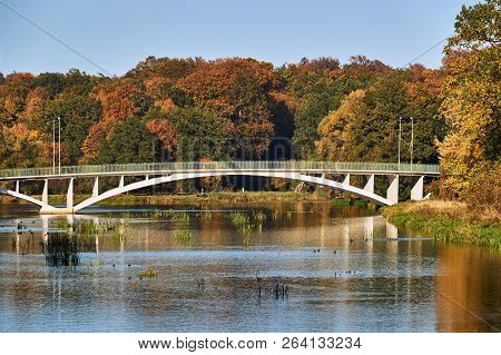 A Modern Bridge Over The Lusatian Neisse  River During Autumn
 On The Border Between Poland And Germ