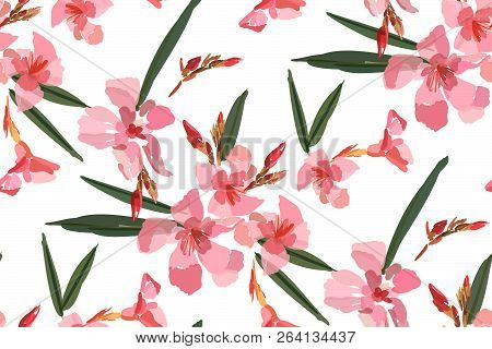 Pink Oleander Seamless Pattern. Botanical Illustration Hand Drawn. Vector Floral Design For Fashion