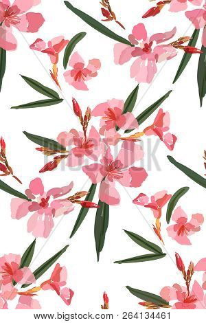 Pink Oleander Seamless Pattern. Botanical Illustration Hand Drawn. Vector Floral Design For Fashion