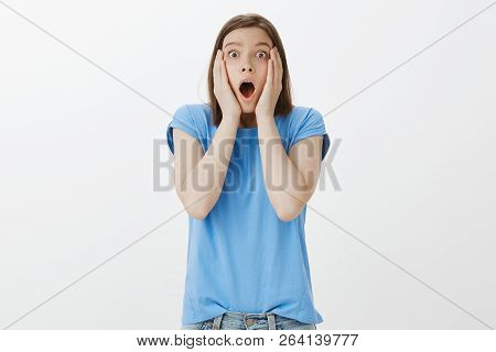No Way It Cannot Happen For Real. Portrait Of Impressed And Shocked Funny Woman In Blue T-shirt, Dro