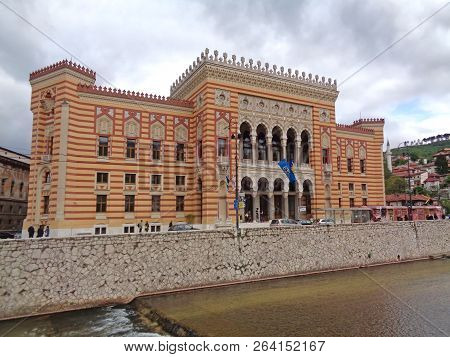 Stunning Sarajevo City Hall Or Vijecnica, Sarajevo, Bosnia And Herzegovina On May 2nd 2016