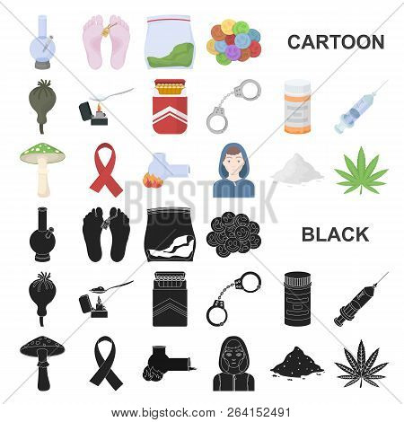 Drug Addiction And Attributes Cartoon Icons In Set Collection For Design. Addict And Drug Vector Sym