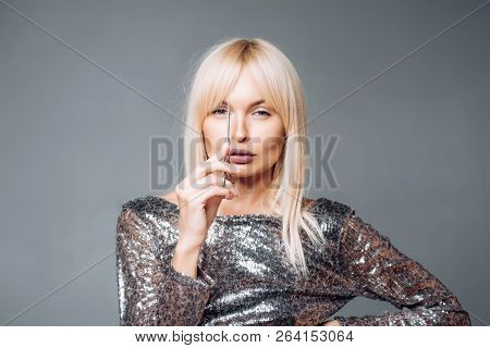 Perfect Blonde Girl Cut Forelock. Close Up Hairstyle With Bangs. Hair Care Concept. Blonde Woman Wit