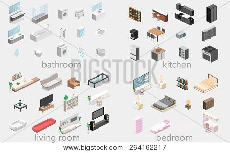 Furniture For Apartment. Isometric Flat 3D Isolated Concept Vector Cutaway