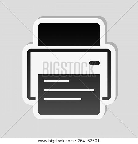 Printer And Paper. Sticker Style With White Border And Simple Shadow On Gray Background