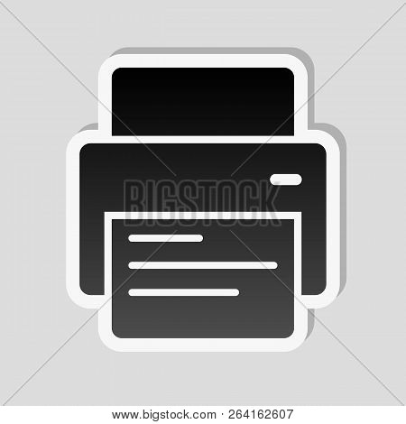 Printer And Paper. Sticker Style With White Border And Simple Shadow On Gray Background