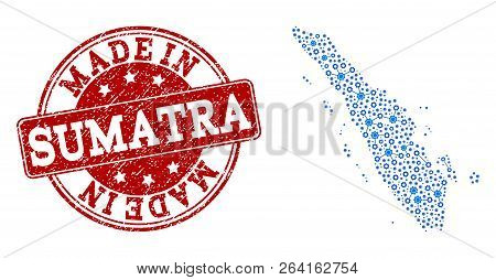 Map Of Sumatra Island Vector Mosaic And Made In Grunge Stamp. Map Of Sumatra Island Designed With Bl
