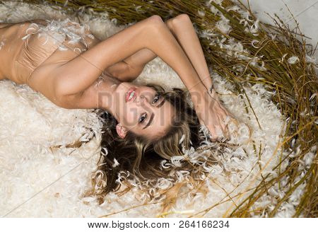 Angel Woman In Nest With Feather White. Beautiful Fairy Flying Girl In White Dress