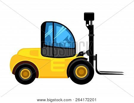 Cargo Loader. Construct Yellow Car For Building Company Unloading And Loading Dangerous Pallet Vecto