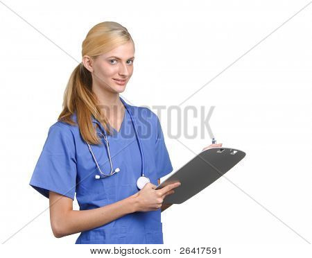 Médico da mulher segurando gráfico isolado no branco