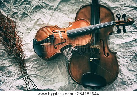 Two Different Size Of Violins Put On Background,warm Light Tone,blurry Light Adesign Background