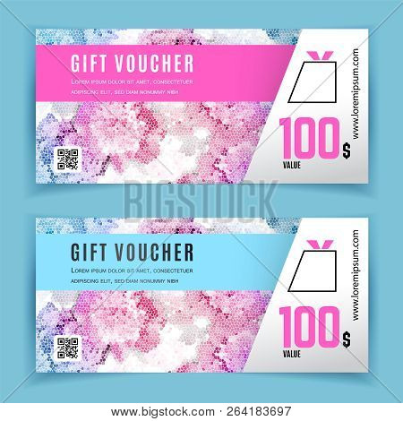 Vector Gift Voucher Template. Universal Flyer For Business. Pink Blue White Flowers. Peony Mosaic Ab