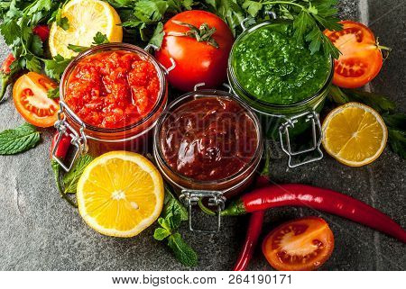 Indian Traditional Food, Set Of Three Chutney For Chaat And Sev Puri - Sweet Date-tamarind, Cilantro