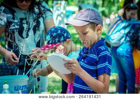 Zaporozhia/ukraine- June 2, 2018: Charity Family Festival - Boy, Participating At Painting Workshop 