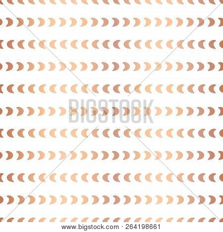 Rose Gold Foil Half Moon Shapes Seamless Vector Pattern. Copper Crescents In Horizontal Lines On Whi
