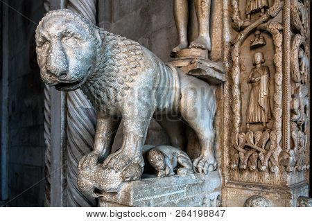13th Century Portal Of The St. Lawrence Cathedral In Trogir, Croatia, Carved By The Local Architect 