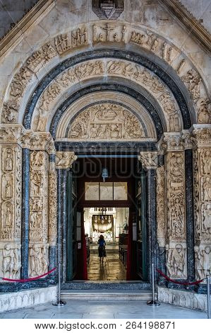 13th Century Portal Of The St. Lawrence Cathedral In Trogir, Croatia, Carved By The Local Architect 