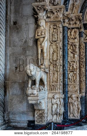 13th Century Portal Of The St. Lawrence Cathedral In Trogir, Croatia, Carved By The Local Architect 