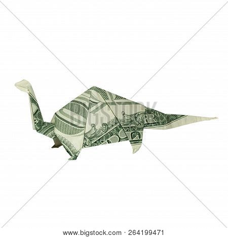 Money Origami Apatosaurus Brontosaurus Dinosaur Folded With Real One Dollar Bill Isolated On White B
