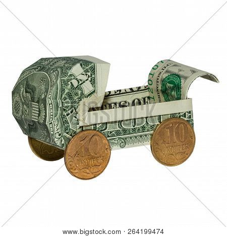 Money Origami Baby Stroller Folded With Real One Dollar Bill Isolated On White Background