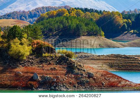 View Of The Scenic And Colorful Aoos Artificial Lake Shore In Epirus, Northern Greece