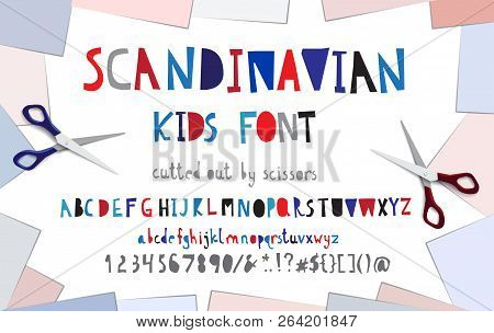 Cut Out Paper Scandinavian Alphabet Font And Frame With Blank Color Blue Red Note Paper Corners. Upp
