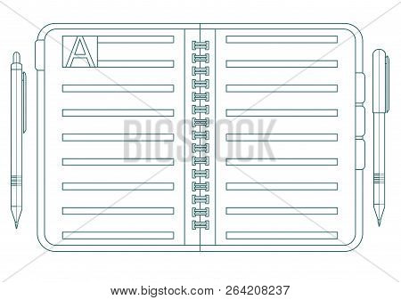 Notebook, Pencil And Pen. Stock Flat Vector Illustration