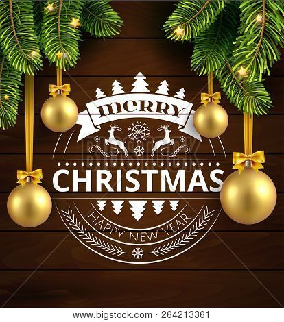 Merry Christmas And Happy New Year Typography Elements Design Greeting Card With Golden Christmas Ba