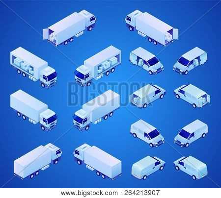 Commercial Vehicles For Cargo Transportation Isometric Projection Vector Icons Set On Gradient Blue 