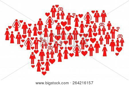 Mosaic Map Of Andalusia Province Designed With Red Wedding Ladies And Gentlemens. Vector Lovely Geog