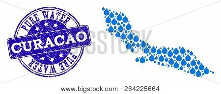 Map Of Curacao Island Vector Mosaic And Pure Water Grunge Stamp. Map Of Curacao Island Formed With B