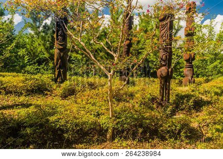 Samcheok, South Korea; September 25, 2018: Closeup Of Wooden Statues Shaped Like Human Penis In Vari