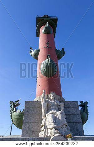 St. Petersburg, Russia - August 08, 2018: Rostral Column In The Center Of St. Petersburg Against A B