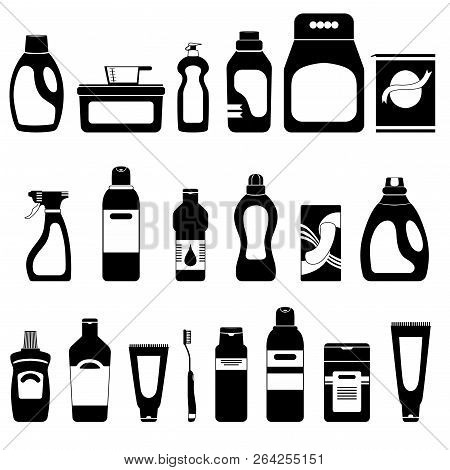 Set Of Household Chemicals And Cosmetics, Silhouettes On White Background, Vector Illustration, Bott