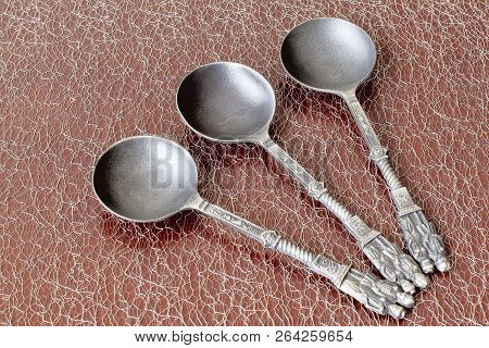 Antique Tin Soup Spoons With Twisted Handles In The Form Of Figures Of Man And Woman On Delicate Dec