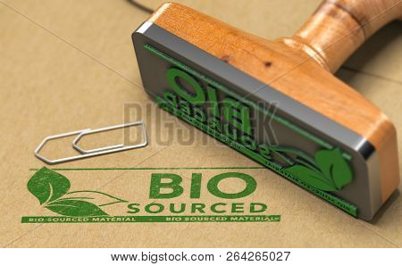Biocourced Material Stamped With Green Color On Paper Background With Rubber Stamp. 3d Illustration.