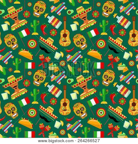 Seamless Pattern With Traditional Mexican Attributes On Greenbackgrounds