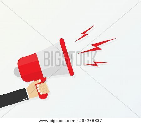 Cartoon Human Hand Holding Megaphone. Social Media Marketing Concept. Vector Stock Illustration.