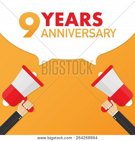 9 Years Anniversary - Advertising Sign With Megaphone. Vector Stock Illustration.